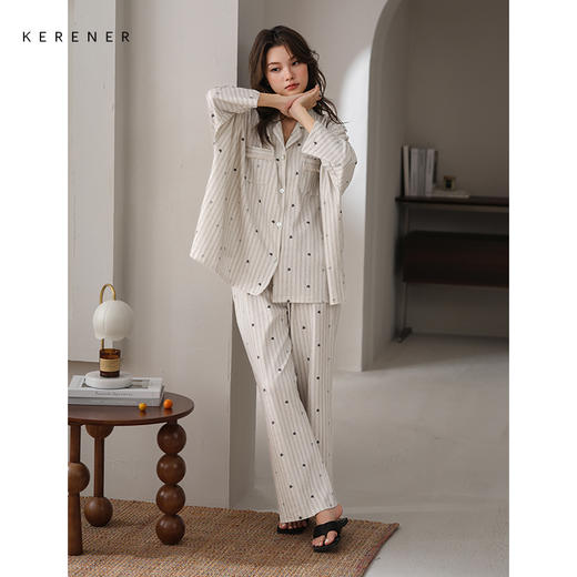 可人儿春秋季带胸垫奥力棉女士长袖长裤睡衣可外出纯棉家居服套装 商品图1