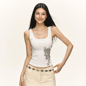 Ariseism 美式复古设计感白色背心黑色玫瑰花背心女夏季新款上衣