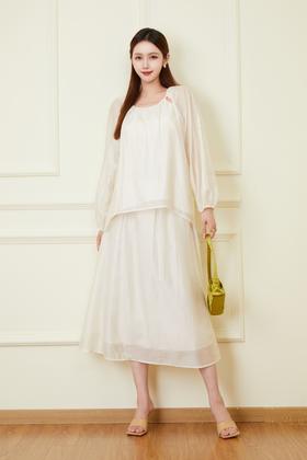 Le Malene 米色舒适莱赛尔衬衣半身裙两件套 20937