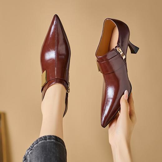 【预售5天】英伦风深口尖头高跟鞋秋季红棕色温柔气质及踝靴短靴女YS&YSD7094 商品图3