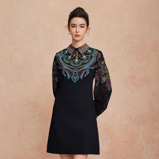 QG803斯尔丽25新款时尚减龄复古贵气印花衬衣领大身H型薄纱袖子连衣裙 商品图0