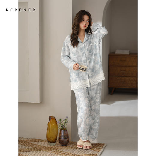 可人儿春秋季带胸垫泡泡绵女士长袖长裤睡衣可外出小众家居服套装 商品图3