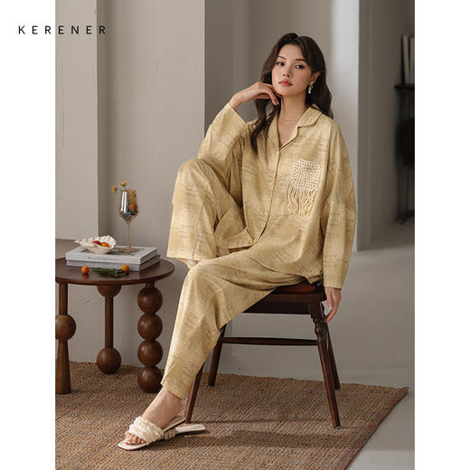 可人儿春秋季带胸垫奥力棉女士长袖长裤睡衣可外穿纯棉家居服套装 商品图3