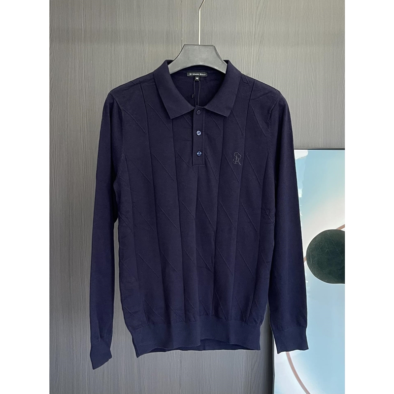 羊绒真丝混纺坑条男士薄款毛衣翻领针织Polo衫短袖