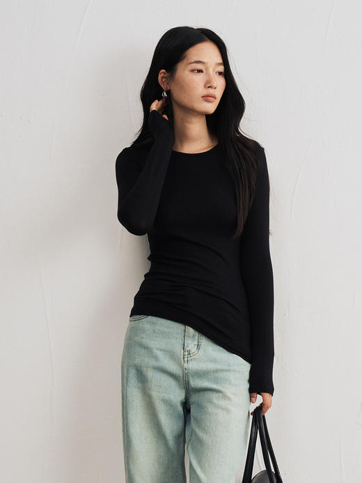 【天丝莫代尔山羊绒打底衫】秋冬修身纯色亲肤T恤高级感轻奢针织衫 商品图2