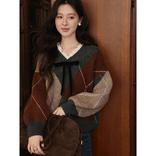 鹿向南「梧桐树影」慵懒分花色气质毛衣女秋季设计感法式长袖上衣 商品图4