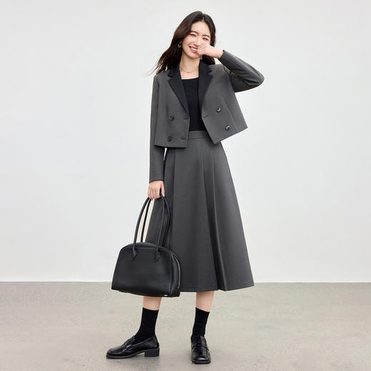 【内购】【免搭配套装】智性撞色翻驳领双排扣垫肩短西服&松紧腰西装半裙-153ZA2515 商品图2