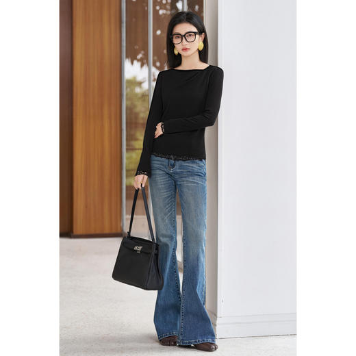 剩S/M/L/XL 西梅紫一字领T恤 米思阳2026春季新款纯色百搭长袖T恤女4397 商品图5