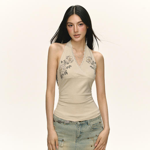 Ariseism 美式复古设计感v领花朵蕾丝边吊带背心女夏季新款上衣 商品图3