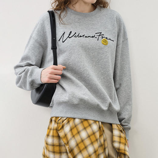 714street美式复古草写文字印花圆领卫衣男装2025秋冬情侣长袖T恤 商品图0
