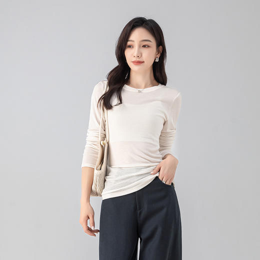 「高货xg」全新升级【铂金会员174/天猫229/差价55】(21856)洛诗琳复古圆领T恤衫2025秋季修身显瘦天丝羊毛打底上衣 商品图1