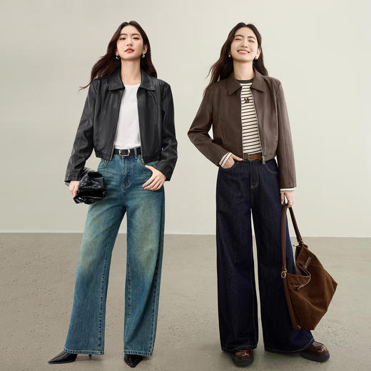 【内购】【松紧下摆】摩登都市通勤翻领金属拉链直筒长袖PU皮外套-W53GA2745 商品图2