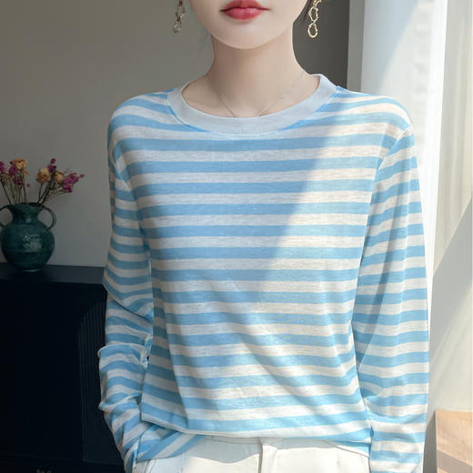 奥伊米初秋100%天丝初秋圆领条纹撞色薄款打底衫YTMA110 商品图2