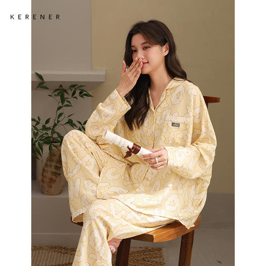 可人儿春秋季带bra泡泡绵女士长袖长裤睡衣可外出小众家居服套装 商品图1