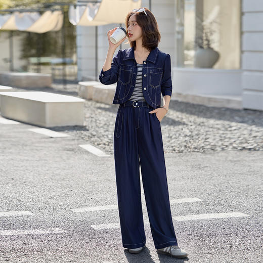 时尚休闲套装，牛仔外套+背心+阔腿裤三件套HR-YLFS9037 商品图0