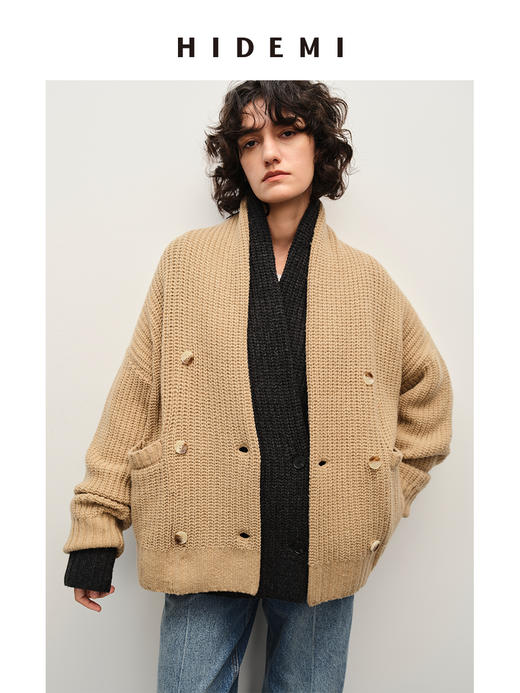 HIDEMI 澳洲美利奴羊毛粗针加厚款青果领西服式毛衣外套大衣 商品图2