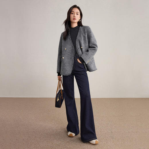 【内购】【100%绵羊毛】格雷系智性通勤流苏毛边V领保暖厚双面呢外套-W54OG2667 商品图2