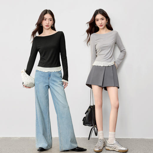 【内购】【撞色拼接】优雅通勤一字船领拼撞色微喇叭袖修身弹力打底针织衫-153SH2838 商品图2