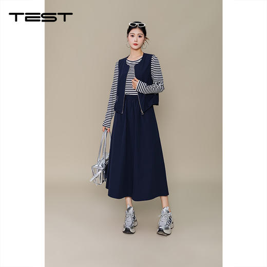 秋上新时尚条纹打底衫搭配藏青色拉链马甲套装裙4253030 商品图0
