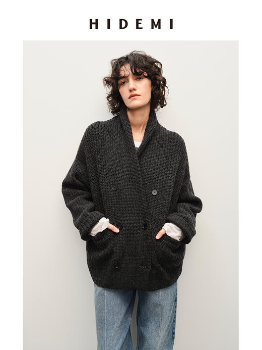 HIDEMI 澳洲美利奴羊毛粗针加厚款青果领西服式毛衣外套大衣 商品图3