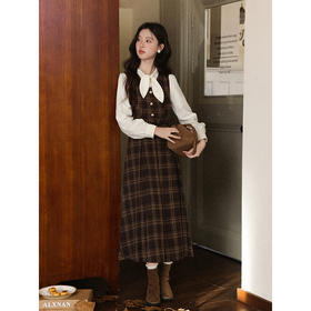 鹿向南「栗子枫糖」咖色格纹无袖连衣裙女秋季法式设计感背心裙子
