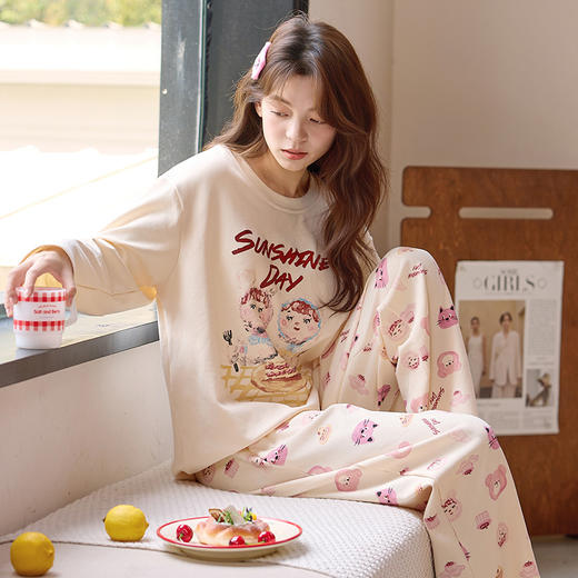 家居服新款学生可爱带胸垫睡衣女秋季套头长袖长裤甜美少女格子卡通可外穿秋冬家居服 商品图12