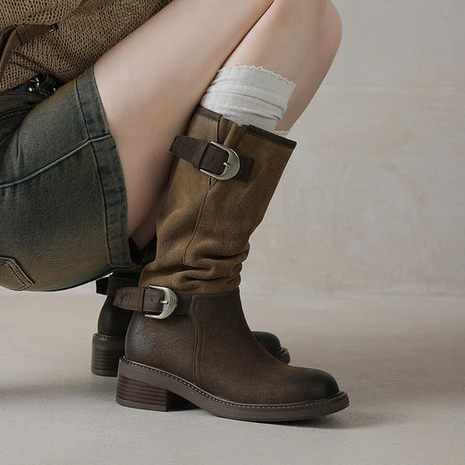 【预售7天】真皮厚底英伦风皮带扣中筒靴子堆堆靴骑士靴女圆头长筒靴KYD&KK12950 商品图1