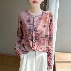 奥伊米100%天丝初秋圆领晕染印花薄款针织开衫RWM14