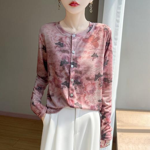 奥伊米100%天丝初秋圆领晕染印花薄款针织开衫RWM14 商品图0