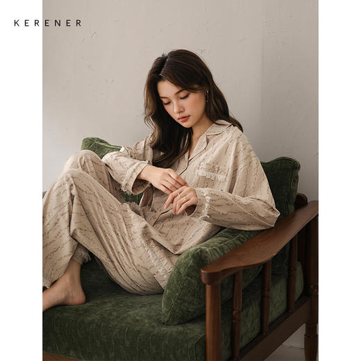 可人儿春秋季带胸垫奥力棉女士长袖长裤睡衣可外出纯棉家居服套装 商品图1