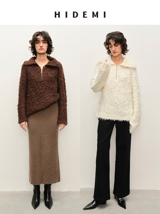 HIDEMI 长毛拉毛羊毛混纺做旧感粗针拉链设计感翻领毛衣 商品图0