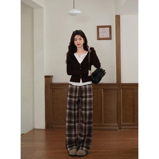 鹿向南「巧克栗」咖色格子高腰休闲裤女秋季新款宽松慵懒直筒长裤 商品图1