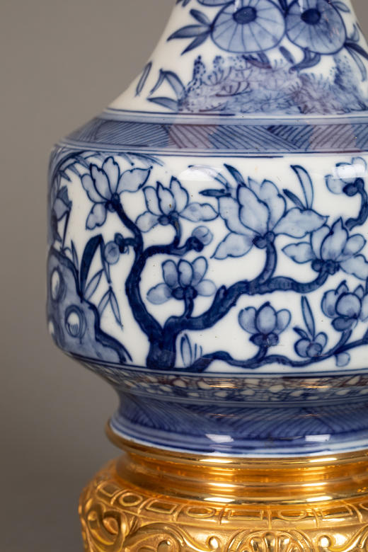 独角鹿西洋古董19世纪法国出品铜鎏金饰中国青花瓷瓶灯一对 商品图7