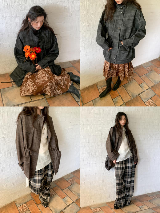 素舶 亚麻棉混纺肌理感立领工装大口袋抽绳短风衣夹克外套 商品图2