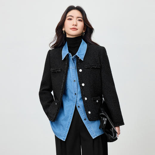 【内购】【夹棉保暖】优雅小香风圆领金属扣含绵羊毛粗花呢垫肩外套-154WA2672 商品图2