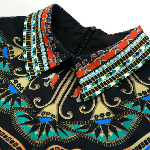 QG803斯尔丽25新款时尚减龄复古贵气印花衬衣领大身H型薄纱袖子连衣裙 商品图5