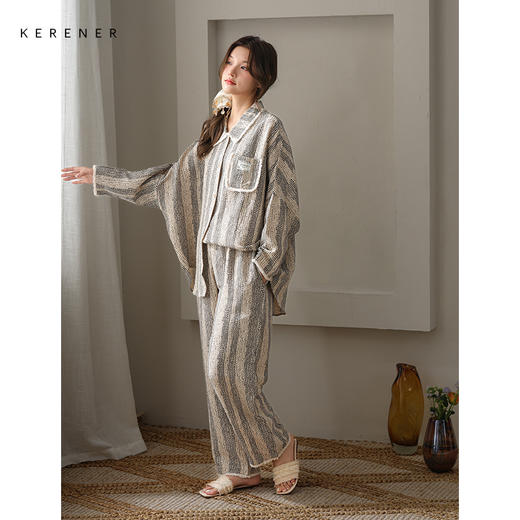 可人儿春秋季带bra泡泡绵女士长袖长裤睡衣可外出小众家居服套装 商品图3