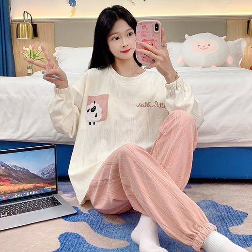 秋季新款学生家居服可外穿带胸垫睡衣女春秋季提花棉长袖圆领甜美可爱可外穿女士家居服套装 商品图7
