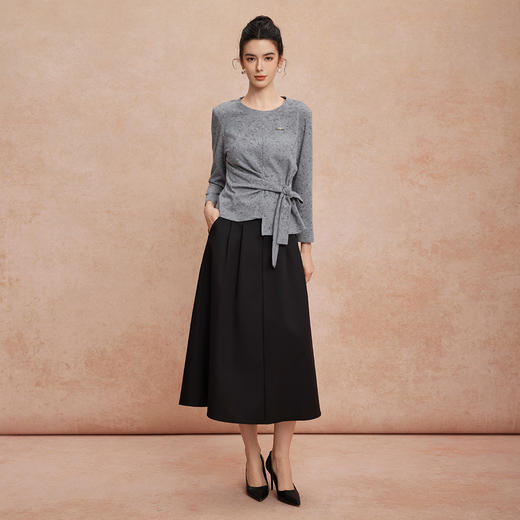 QG700斯尔丽25新款两件套圆领腰部收褶系带设计时尚搭A字半裙通勤套装 商品图8