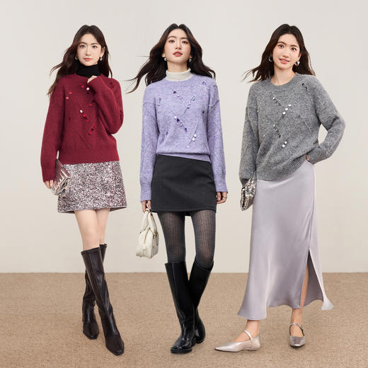 【内购】【含绵羊毛】优雅通勤圆领亮片宽松落肩袖软糯弹力毛衣-W53EE3470 商品图2