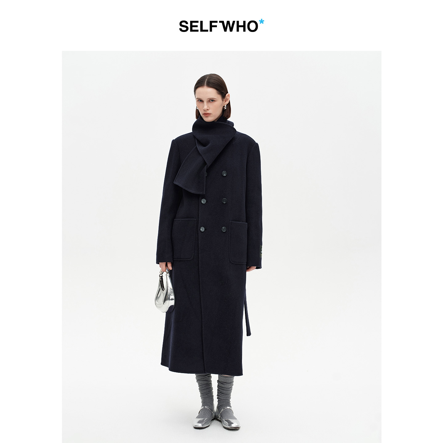 SELFWHO高支高密绵羊毛长款围巾领毛呢外套女2025冬新款保暖大衣