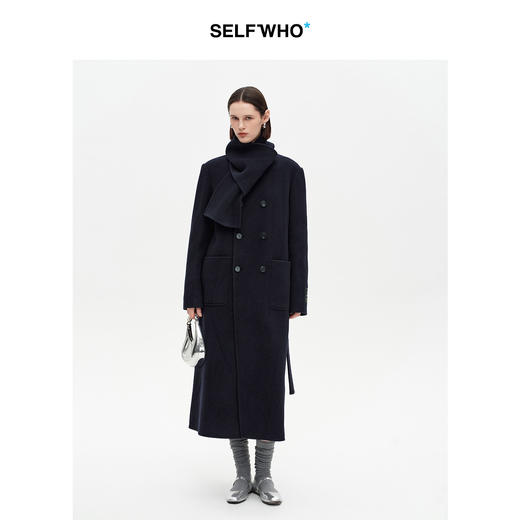 SELFWHO高支高密绵羊毛长款围巾领毛呢外套女2025冬新款保暖大衣 商品图0