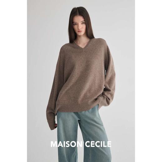MAISON CECILE  棕色加色/高克重羊毛V领毛衣 商品图1