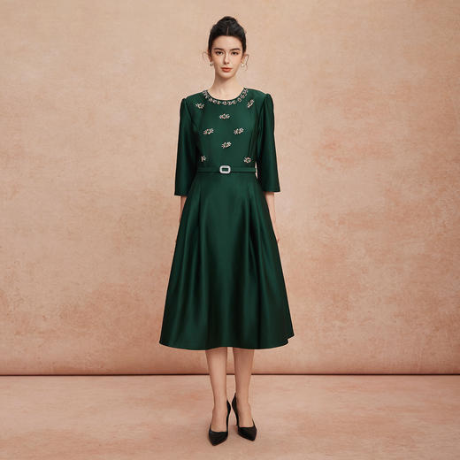 QG804斯尔丽25新款法式浪漫镶钻场合礼服配本色腰带收腰放摆显高连衣裙 商品图3