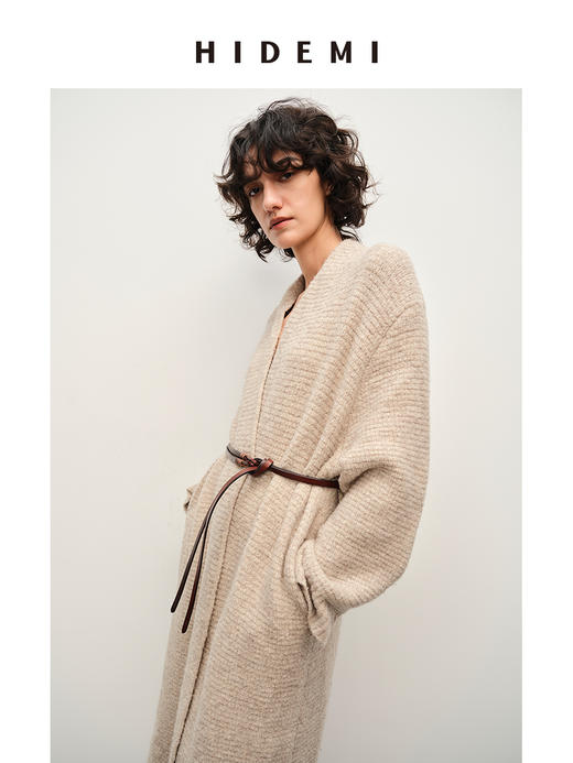 HIDEMI 耗牛毛系列燕麦米加厚款浴袍式腰带款慵懒大衣两件套 大衣/长坎肩 商品图4
