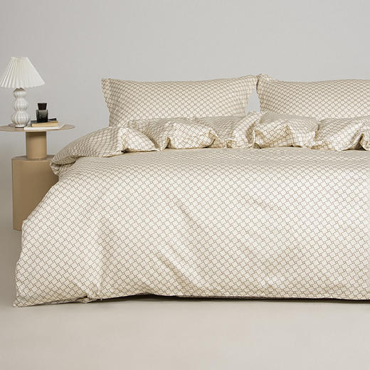 80S长绒棉贡缎印花四件套（暖米菱格） 商品图1