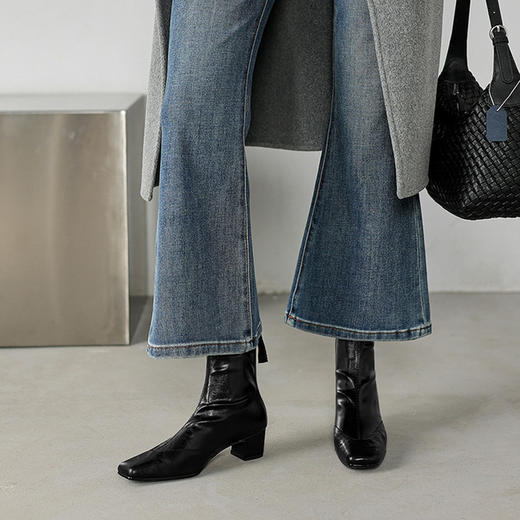 【预售5天】法式气质小踝靴秋冬方头粗跟拼接弹力短筒真皮瘦瘦靴WC&M3600 商品图4