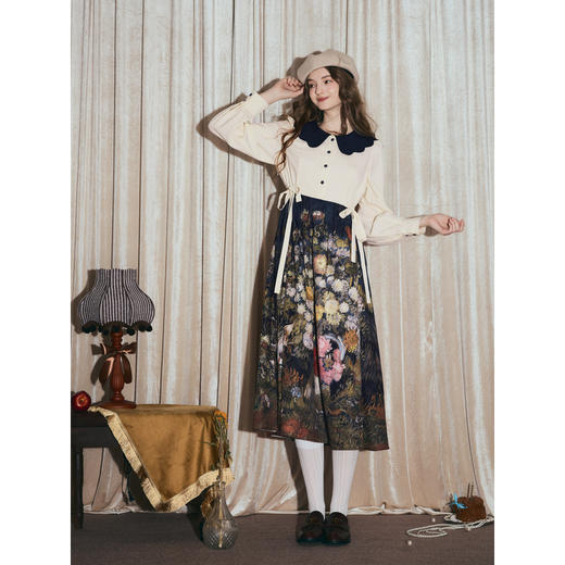 两三事梵高文艺 繁花漫野 2025秋季新款印花裙摆拼接娃娃领连衣裙 商品图3