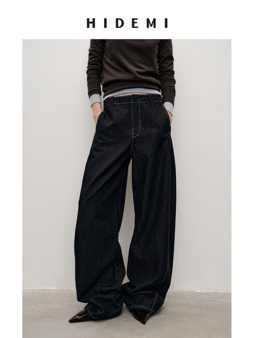 HIDEMI 都市丹宁系列原牛原色中高腰显瘦撞色线极简弯刀牛仔裤长裤 商品图0