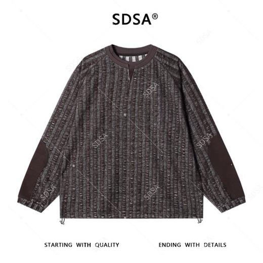 51859SDSA男士秋冬新款痞帅男装拼接磨破竖纹圆领卫衣下摆松紧设计上衣 商品图1